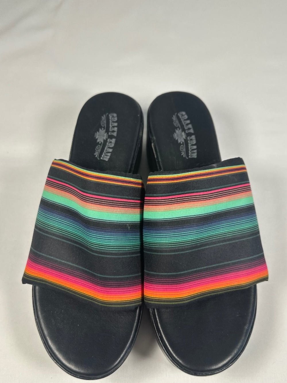 Crazy Train Rainbow Serape Stripe Platform Sandals  Slip On 90s Style Size 8